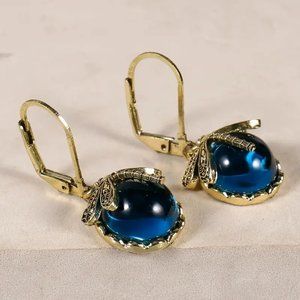 Vintage Metal Dragonfly Earrings Inky Blue Moonstone Brass Glass Cabochon
